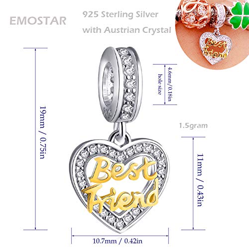 18K Golden Best Friend Dangle Charms Fits Pandora Friendship Bracelet, 925 Sterling Silver Heart Shape Bff Necklace/Pendant Pave Birthstones Cz Beads, Gifts For Family/Christmas/Lover #TOP1