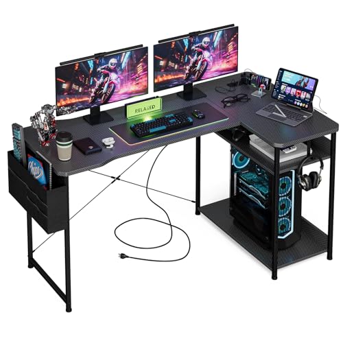 Image of Acrolix L Shaped Gaming Desk 55 Inch - Computer Corner Desk with Power Outlets, Reversible Shelves & Storage Bag for Home Office, PC Gaming Table, Black Carbon