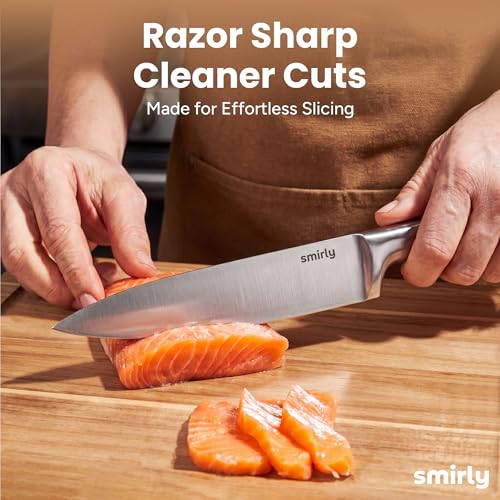 SMIRLY 15 Piece Knife Set with Block - Kitchen Knife Sets with Block and Sharpener - Heavy Duty Wooden Block with One-Piece Design Stainl...