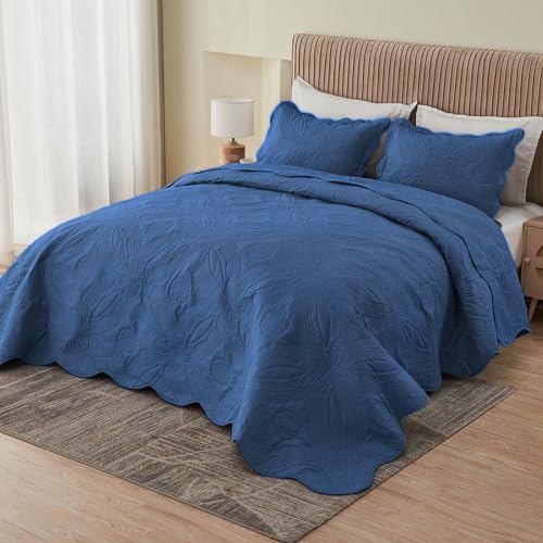 Image of Kingnex Oversized King Bedspreads 128x120 for Extra Wide Tall King or Cal King Bed Ultrasonic Quilted Coverlet Set 3 Piece Include 1 Quilt 2 Pillowcases Navy