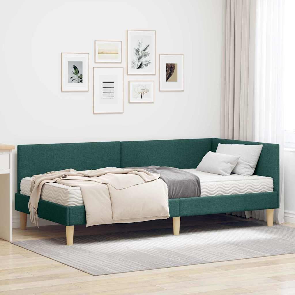 Stelaż łóżka narożnego z materacem, zielony materiał, 204 x 104 x 72 cm, ze stelażem i miękkim zagłówkiem, łóżko pojedyncze do sypialni, stabilne łóżko tapicerowane z oddychającego materiału
