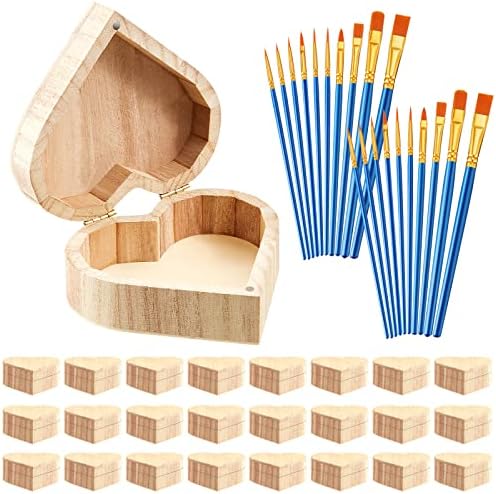 Unfinished Unpainted Wooden Box Treasure Chest with Art Brushes Wood Heart Shaped Natural Pine Box Wooden Heart Box with Hinged Lid for DIY Art Craft Making Storage Jewelry Box Hobbies (50 Pcs)