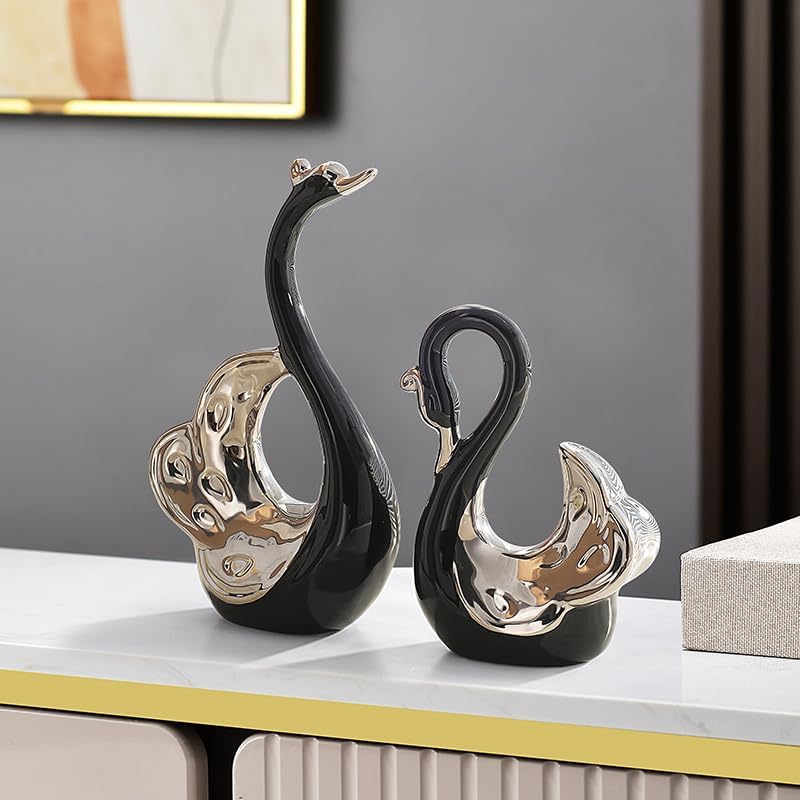 ELEGANTZ Swan Art Ceramic Statues – 2-Pcs Modern Shelf Decorations – Centerpiece…