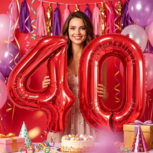 Image of Number Balloons Red Party Balloon - 40 Inch Large Number 40 Balloon, Numbers Balloon Birthday Decorations, Red Party Supplies for Anniversary