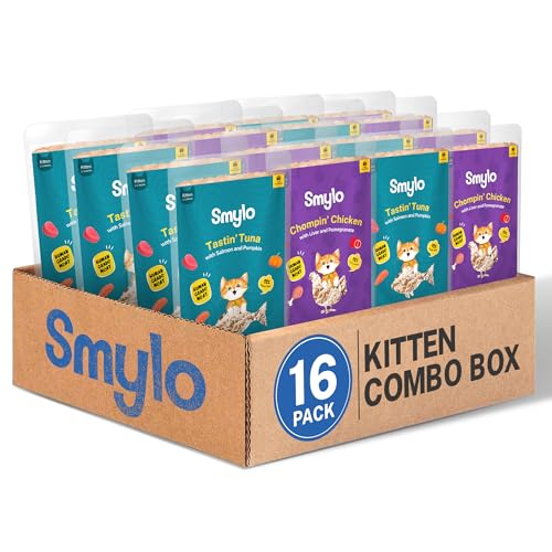 Image of Smylo Natural Healthy Kitten Wet Food (2-12 Months) 70g x 16 Packs | Variety Combo of Tuna & Salmon and Chicken & Liver Recipes | Grain Free, No Preservatives, No by-Products | Vet-Formulated