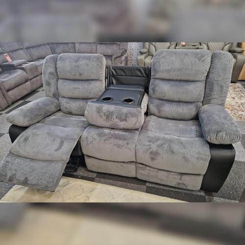 Rio Cord Fabric Recliner Sofa With Cupholders - Manual Recliner Sofa - Grey and Black (3+2 Seater) - Image 3