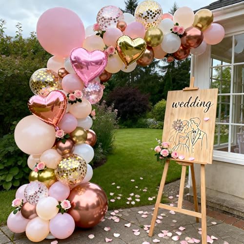 Image of Zesliwy Rose Gold Pink Balloon Arch Kit,Light Pink Nude White Metallic Gold Balloons Garland Rose Gold and Gold Confetti Balloons with Heart Balloon for Wedding Bridal Shower Birthday Party Decor
