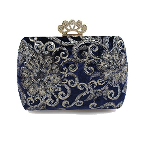 Kingluck Vintage Embroidered Beading Velvet Evening Clutch Handbag. (blue)