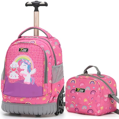 NEW TILAMI 16 Inch Rolling Backpack with Lunch Bag for Kids Adjustable Handle Carry-on Suitcase Wheels for Girls Boys School Travel Camping Pink Rainbow Unicorn
