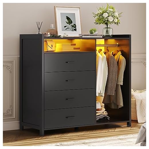 VIAGDO Dresser for Bedroom with Clothes Rail, Chest of 4 Drawers with LED Lights, Modern Black Dresser with Open Storage Space for Bedroom Entryway Kids Room, Large Capacity