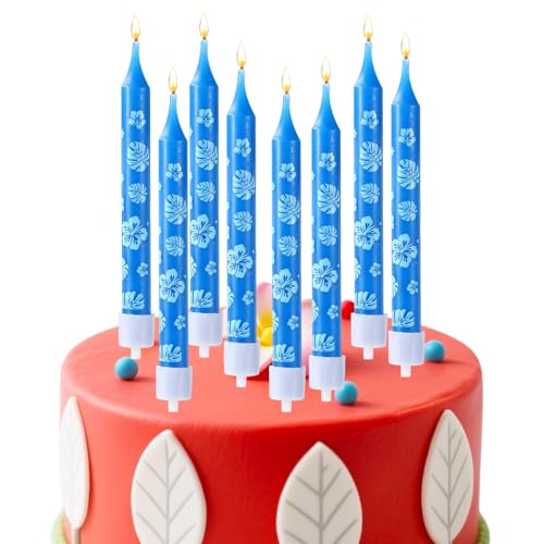 12stk Cartoon-Kerzen mit Blauen Hibiskusblüten, Blaue Kuchendekorationen mit Anime-Motiv Hibiskus-Geburtstagskerzen-Set Geburtstags- und Hawaii-Party-Dekoration für Kinder Jungen und Mädchen