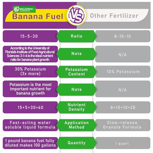 Wellspring Gardens Banana Fuel Fertilizer - Water-Soluble 15-5-30 Blend - Banana Plant Fertilizer - Plant Food - Formula for Banana Trees & Plants - Grow Healthy and Happy Plants (1 Pound)