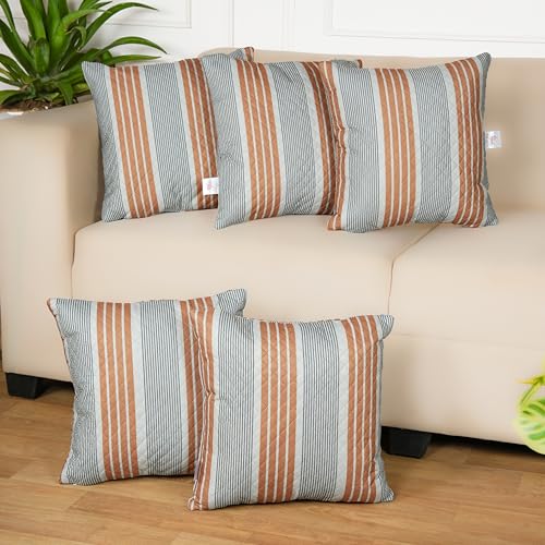 Image of STITCHNEST 'QuadraNest' Series Printed Quilted Velvet Cushion Cover 16x16 Inch Set of 5 | Premium Soft Fabric, Washable & Fade Resistant | Decorative Living Room Cushion Covers| Mustard & Grey Stripe