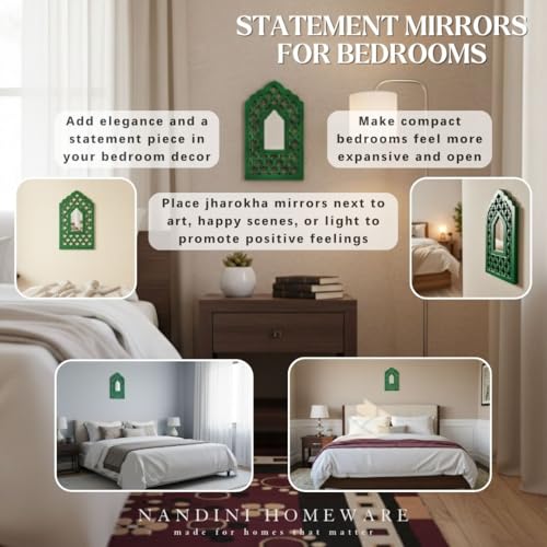 Image of Handcrafted Traditional Green Mughal MDF Wooden Mirror Jharokha Wall Art | Mughal-Inspired Boho Vintage Style Decorative Wall Hanging for Living Room & Home Interiors (Green Mughal)