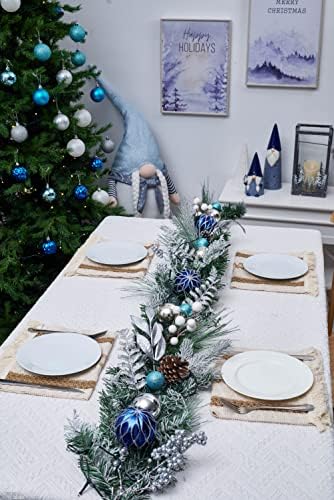 Valery Madelyn 6 Feet/183cm Pre-Lit Christmas Garland for Mantel, Winter Wishes Silver and Blue Garland with Baubles, Xmas Garland with Led Lights and Timer Function for Christmas Party Decoration
