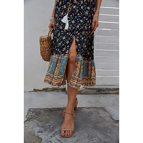 Image of BROVAVE Women Summer Bohemian Floral Print V Neck Sleeveless Sundress Flowy Casual Midi Dress