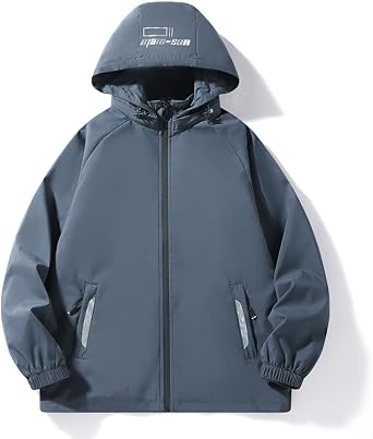 Mens hooded windbreaker jacket with lightweight full zipper with reflective details