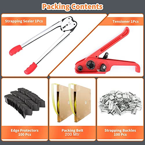 Pallet Packing Strapping Kit, 4 In 1 Heavy Duty Banding Tool Sealer, 660' Length X 1/2" Wide Coil Reel With 100 Pcs Semi-Open Metal Seals And 100 Pcs Cardboard Edge Protectors Corner For Strapping #TOP3
