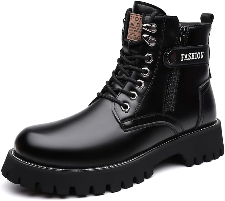 Men's Genuine Leather Lace-up Thick-soled High-top Boots Motorcycle Leather Boots Outdoor Shoes Waterproof Fashion Shoes (black,numeric_9_point_5)