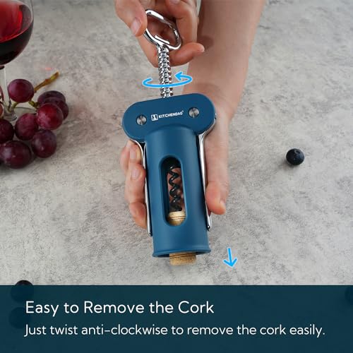 KITCHENDAO 3 in 1 Wing Corkscrew Wine Bottle Opener with Foil Cutter, Built-in Beer Bottle Opener, Multifunctional Wine Opener with Non-Stick Sharp Screw,Easy to Use, Manual Wine Corkscrew ,Blue - Image 5