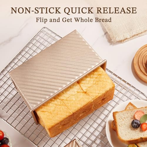 KITESSENSU Pullman Loaf Pan with Lid, 1 lb Dough Capacity Non-Stick Bakeware for Baking Bread, Carbon Steel Corrugated Bread Toast Box Mold with Cover for Baking Bread, Gold - Thumbnail 3