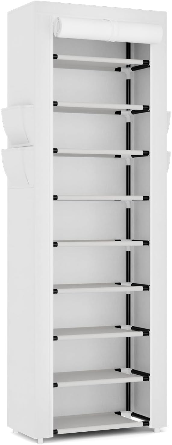 VILICK Shoe Rack with Cover Narrow Shoe Rack Organizer with 4 Side Pockets 10 Tier Tall Shoe Storage Shoe Shelf Holds 18-22 Pairs Shoes and Boots Shoe Rack for Closet, White