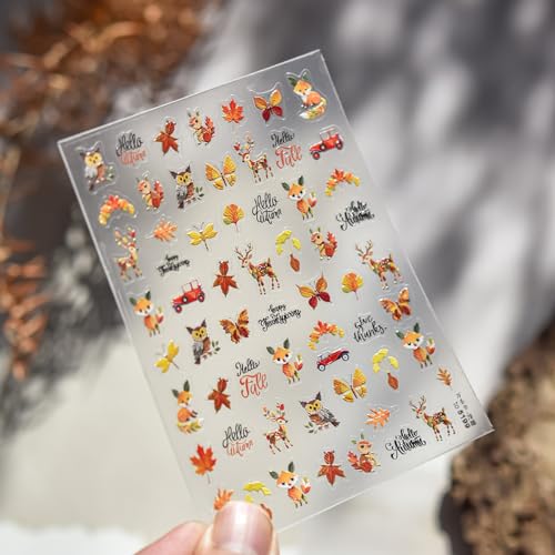 Image of Fall Leaf Nail Art Stickers Fox Deer Nail Decals for Nails Art Autumn Leaf with Design 5D Embossed Self Adhesive Nails Stickers for Women Girls Kid Manicure DIY Decoration