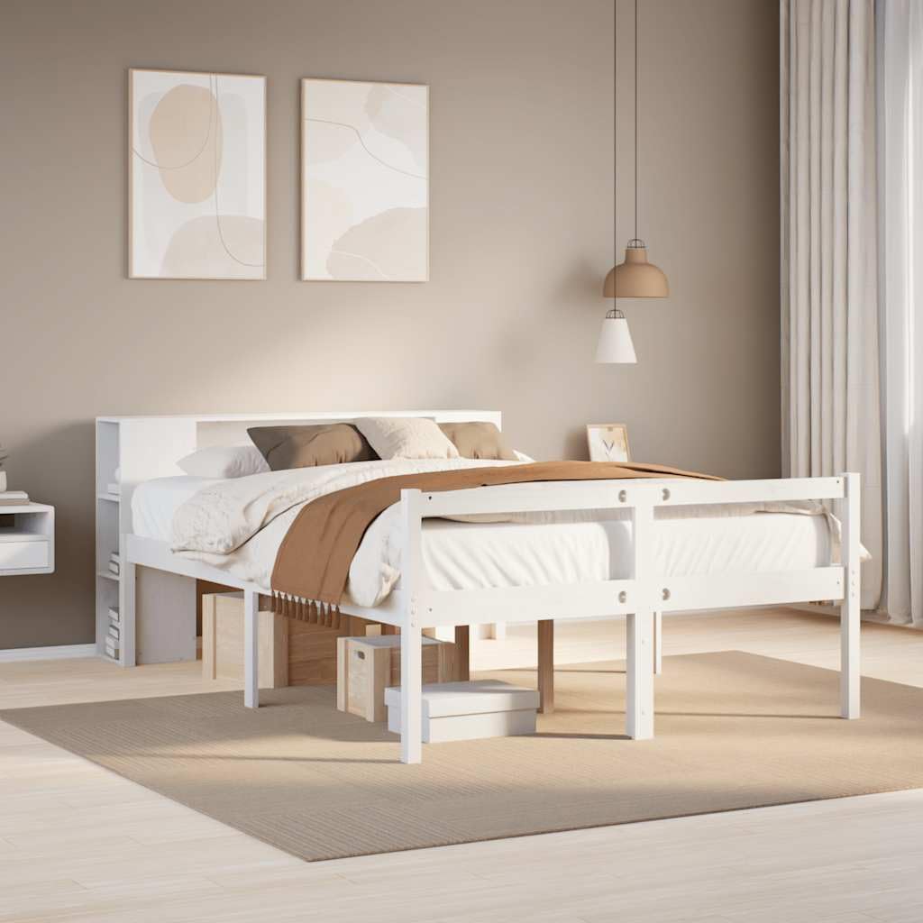 lite drewno sosnowe regałowy zagłówek biały 160x200 cm | Łóżko z regałem i szufladą, bez materaca, białe, sosnowe, 160x200 cm, drewniane do sypialni