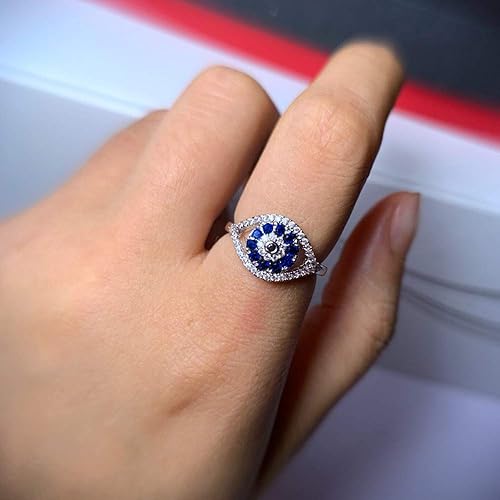 Miniatura 6 de Anillos de circonita cúbica de ojo turco azul para mujeres, hombres y niñas, chapado en plata esterlina, grueso, apilable, cola media, elegante