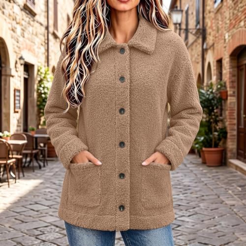 Womens Sherpa Fleece Jacket Long Sleeve Button Down Coats with Pockets - image 7