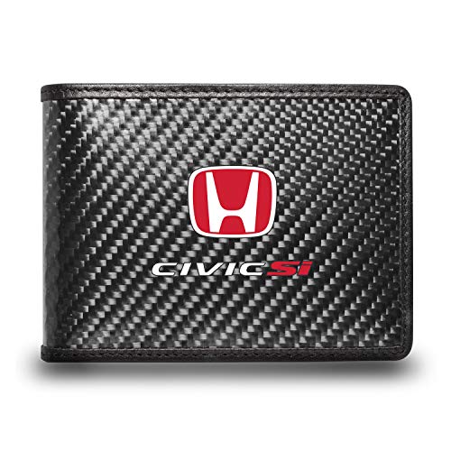 for - Honda Red Logo Civic Si Black Real Carbon Fiber Leather RFID Blocking Bi-fold Wallet