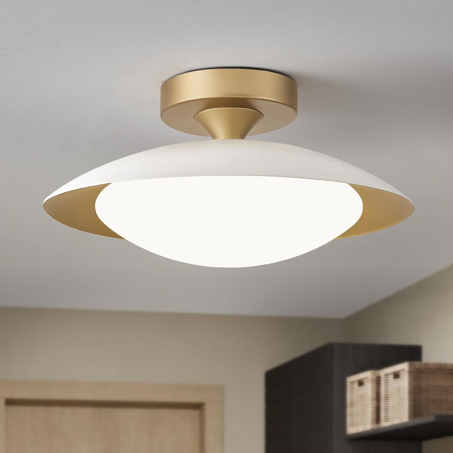Dimmable Modern Semi Flush Mount Ceiling Light Fixture,Small White and Gold LED Glass Shade Kitchen Ceiling Lights,5CCT In One Light Fxiture for Hallway Entryway Bedroom Laundry Room Foyer(11.81in)