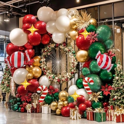 Image of Christmas Red and Green Balloon Garland Arch Kit Pearl White Gold Foil Candy Cane Balloons With Gold 4-Point Star Balloons For Christmas Party Decorations