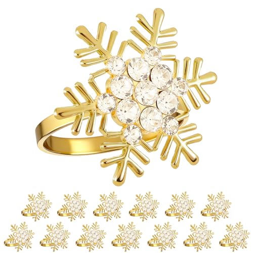 14pcs Gold Snowflake Christmas Napkin Rings, Snowflake napkin buckle holder silver serviette rhinestone snowflake elegant Xmas Thanksgiving nwedding Thanksgiving holiday banquet table home party