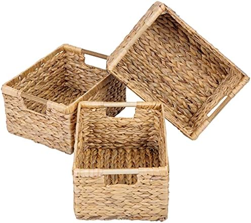 Large Wicker Basket Rectangular with Wooden Handles for Shelves, Water Hyacinth Basket Storage, Natural Baskets for Organizing, Wicker Baskets for Storage 14.5 x 10.3 x 7.2 inches - 3 Pack