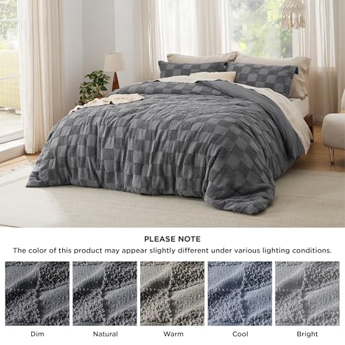 Image of Bedsure Dark Grey Queen Size Comforter Set, Boho Tufted Bed Set, Checkered Farmhouse-Style Distressed Vintage Bedding, 3 Pieces, 1 Plaid Geometric Comforter and 2 Pillow Shams