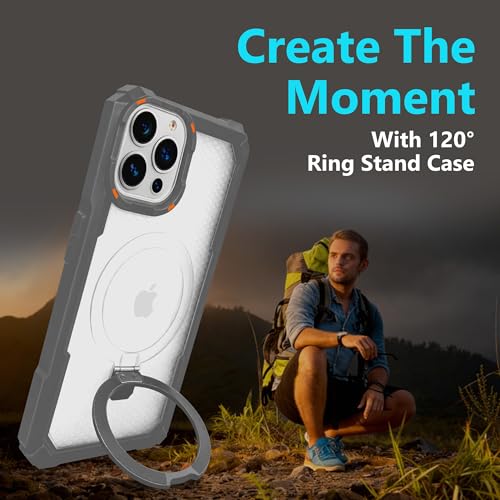 Image of AIBEX Transparent Back Cover Compatible for iPhone 15 Pro| Mag-Saf Magnetic Ring Kickstand | Shockproof Dual Layer Military Grade Drop Protection Armor Case| Wireless Charging Support - Grey