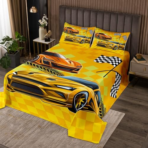 Race Car Teens Quilt Bedding Set Queen Size,Black White Check Racing Flag Bedspread Coverlet for Girls Teens,Boys Yellow Sports Car Print Soft Polyester Quilt Set, All Season