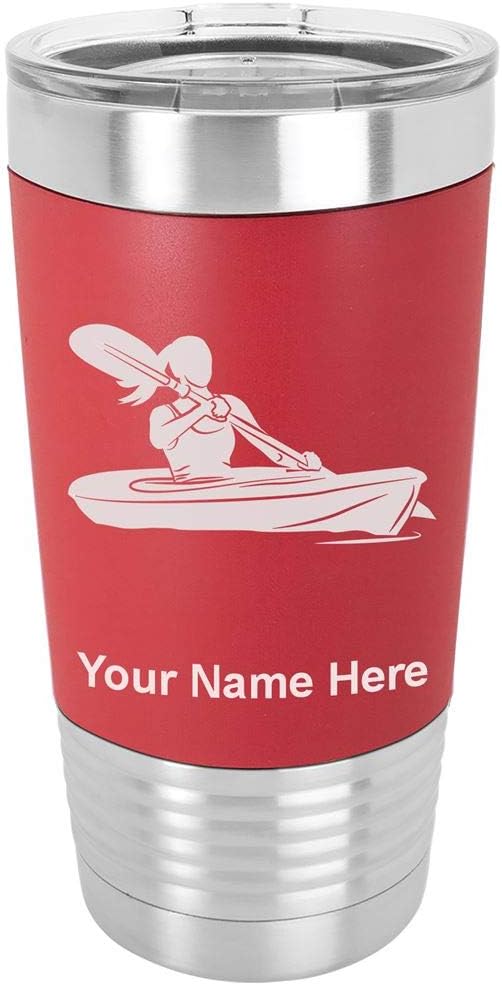 LaserGram 20oz Vacuum Insulated Tumbler Mug, Kayak Woman, Personalized Engraving Included (Silicone Grip, Navy Blue)