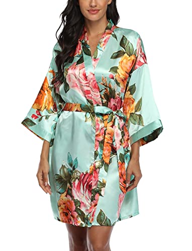 Image of VOGMATE Floral Silk Robes for Women Short Satin Kimono Bride Bridesmaid Robes Bathrobe