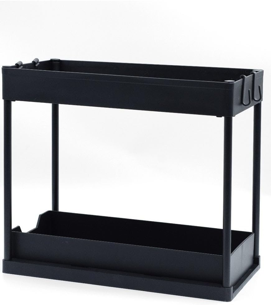 2-Tier Slide Out Organizer for Condiments, Toiletries, Cosmetics, Laundry Products, Multifunctional Sliding Shelf Storage Rack Kitchen Countertop, Under Sink, Bathroom, Home, Office (Black)