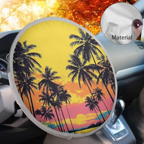 Image of Car Steering Wheel Sun Shade Cover Personalized Palm Trees Sunset Auto Interior Protector Block UV Rays Cool Removable Automotive Accessories Universal for Cars Truck SUV Van