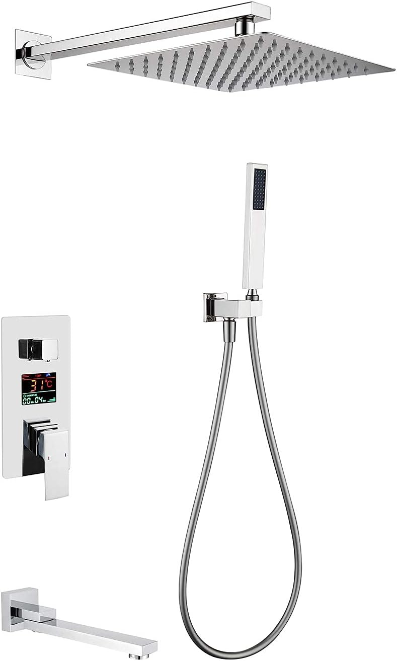 Digital Display Shower Combo Set Wall Mounted Bathroom Shower Faucet Set with Shower Head, Handheld Shower, Tub Spout, Embedded Box,Chrome,8 Inches