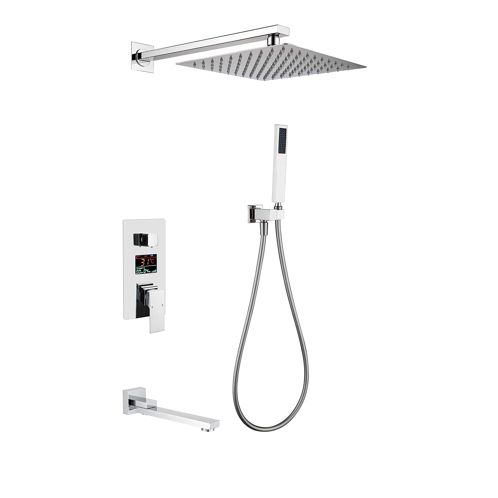 CWCQGH Rain Shower System Digital Display Shower Combo Set Wall Mounted Bathroom Shower Faucet Set with Shower Head, Handheld Shower, Tub Spout, Embedded Box,Chrome,10 Inches