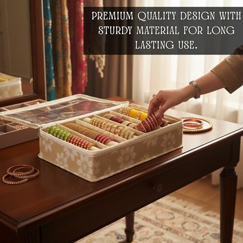Image of PVC 5-Rod Floral Bangle Organizer Box for Women, Beige | Jewellery Bangle Storage Case for Chudi, Kada & Accessories, Bangle Holder Pouch, Pack of 1