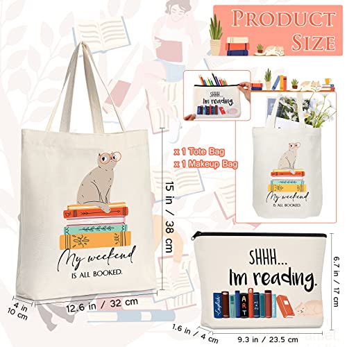 Image of Sieral 2 Pcs Book Lovers Gifts Canvas Tote Makeup Bag Set, Cat | Reusable, Cat Print Design, Multi Purpose Shopping Cosmetic Storage Pouch, Metal Zipper, for Readers Teachers Women