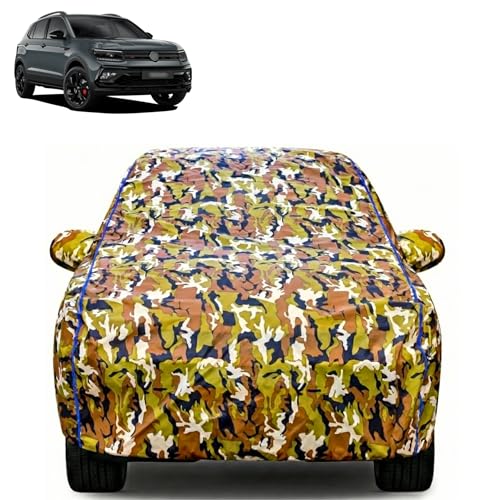 Image of Waterproof Car Body Cover for Volkswagen Taigun with Mirror Pocket| Cotton Inner Lining | Triple Stitched | All Weather Protection | Dust, UV & Rain Proof (Camouflage with Blue Piping)