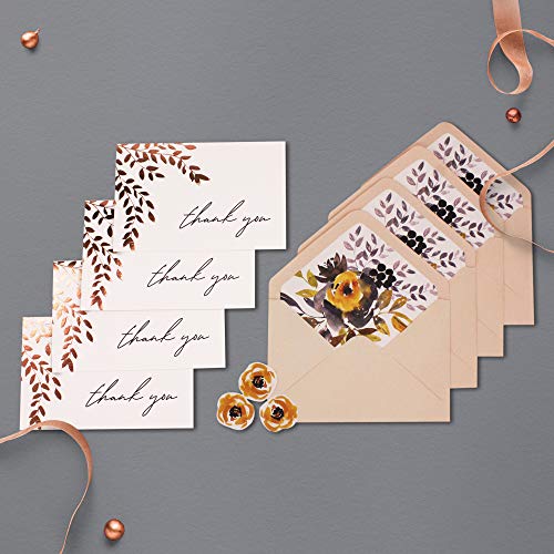 Image of mudrit 20 Blank Gold Foil Thank You Cards with Liner Envelopes & Floral Stickers for Weddings, Bridal Shower, Engagement, Baby Shower, Business
