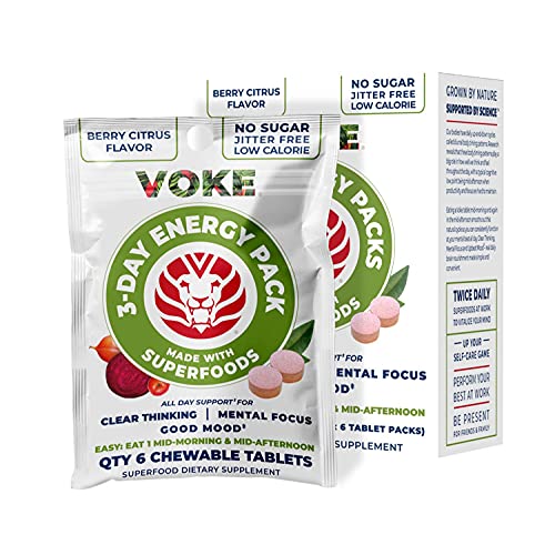 VOKE Energy | Jitter-Free, 3-Day Energy Packs for Mental Focus, Upbeat Mood and Clear Thinking | 30 Chewable Superfood Tablets with Vitamin C Antioxidants | 15 Day Supply