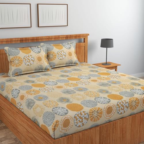 Image of NHD HOME Cotton All Around Elastic Fitted Premium Prints Queen Size Double Bed Bedsheet with 2 Large Pillow Covers Fits Upto Mattress of 8 Inches,Size-60 inch x 78 inch Inches, Beige & Brown Flower Print